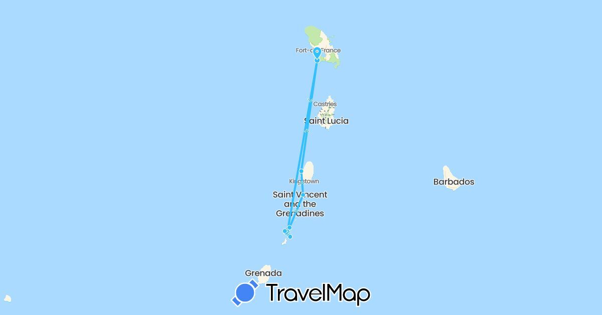 TravelMap itinerary: driving, boat in France, Saint Vincent and the Grenadines (Europe, North America)